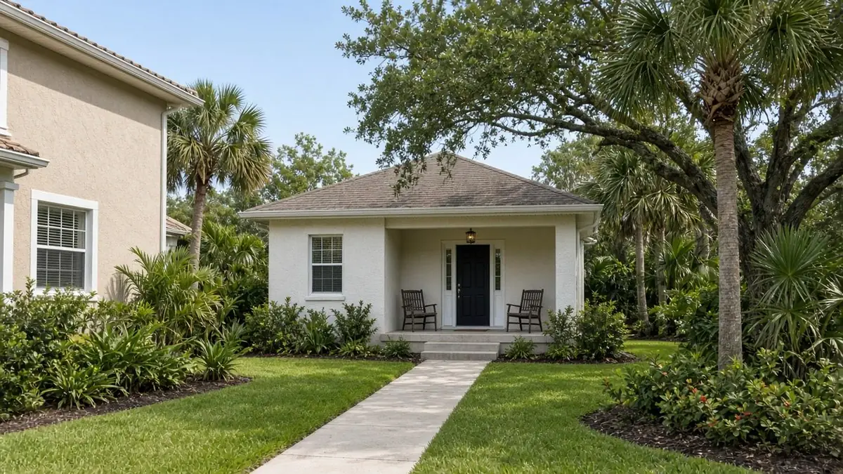 Small stucco cottage with a hip roof, a covered porch, two rocking chairs and a dark front door, set among palms and an oak beside a main house