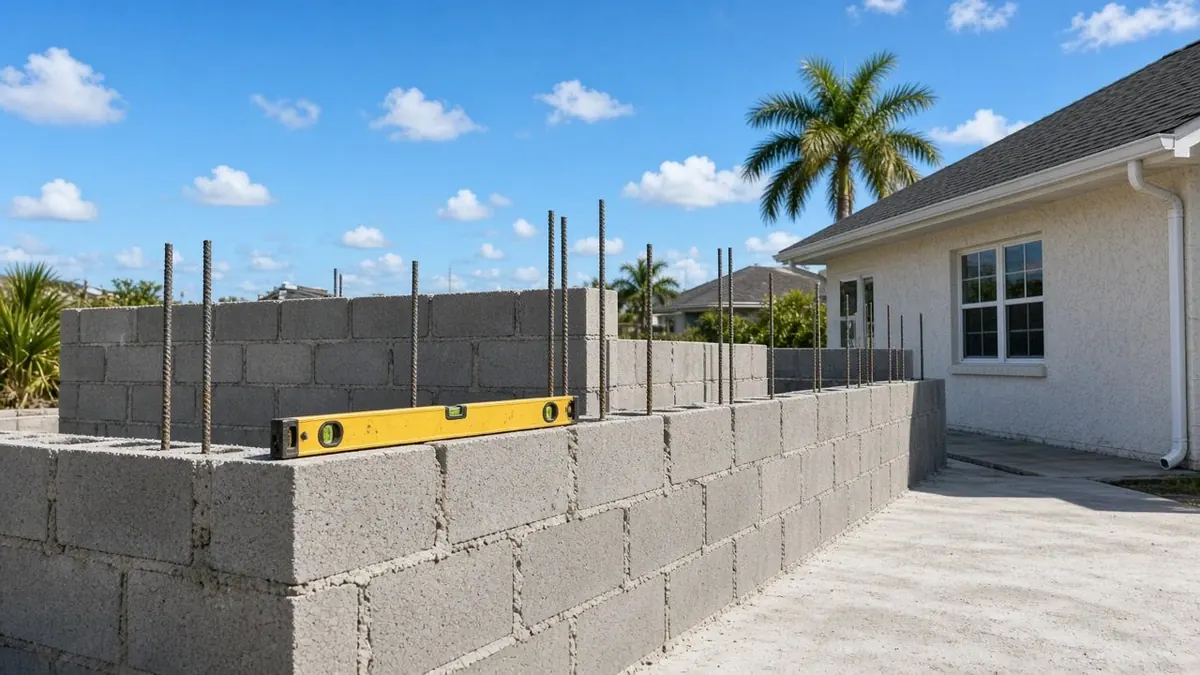 Concrete block wall rising beside a stucco house, with steel rebar standing out of the top course and a yellow level lying across it, under a blue sky with a palm
