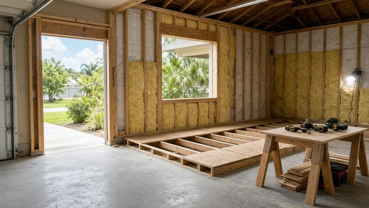 Garage interior framed out into rooms, with insulated stud walls, a new window, an open doorway to the yard and a plywood floor platform beside a sawhorse table