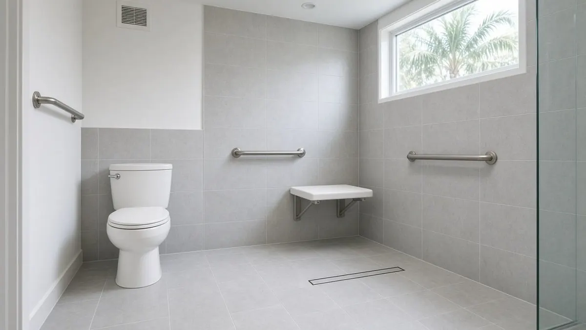 Open step-free bathroom with gray tile, a folding shower seat, grab bars on two walls, a floor drain strip and a window onto palm fronds