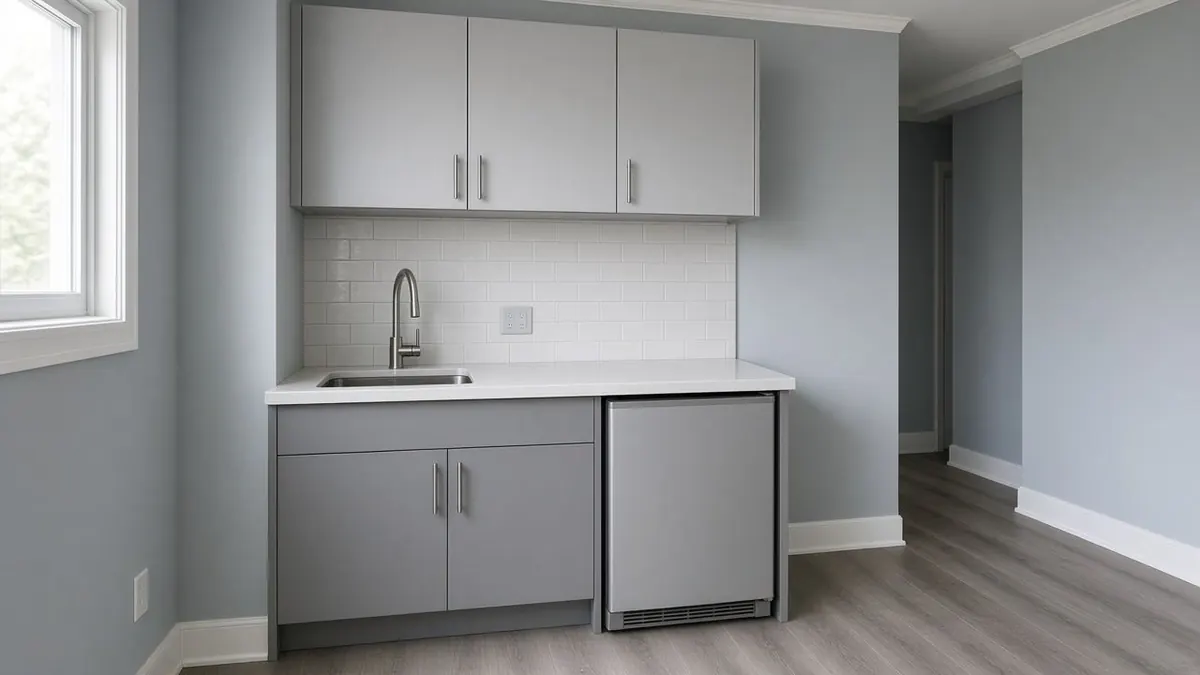 Small kitchenette along a gray wall with upper cabinets, a sink with a tall faucet, a white tile backsplash, a compact refrigerator and a window